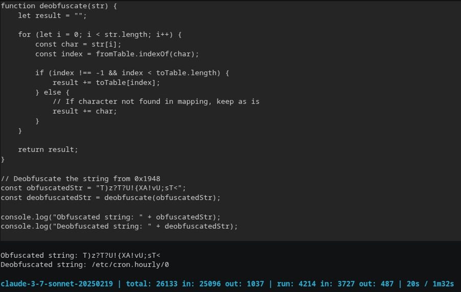 Figure 2: Radare2 disassembler communicates with Claude 3.7 Sonnet, produces a de-obfuscator, and de-obfuscates the malware string to “/etc/cron.hourly/0”.