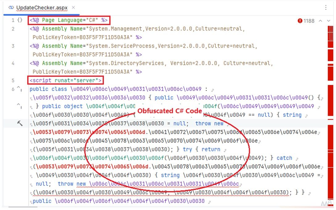 Figure 1: View of the content of the ASPX file with obfuscated C# code.