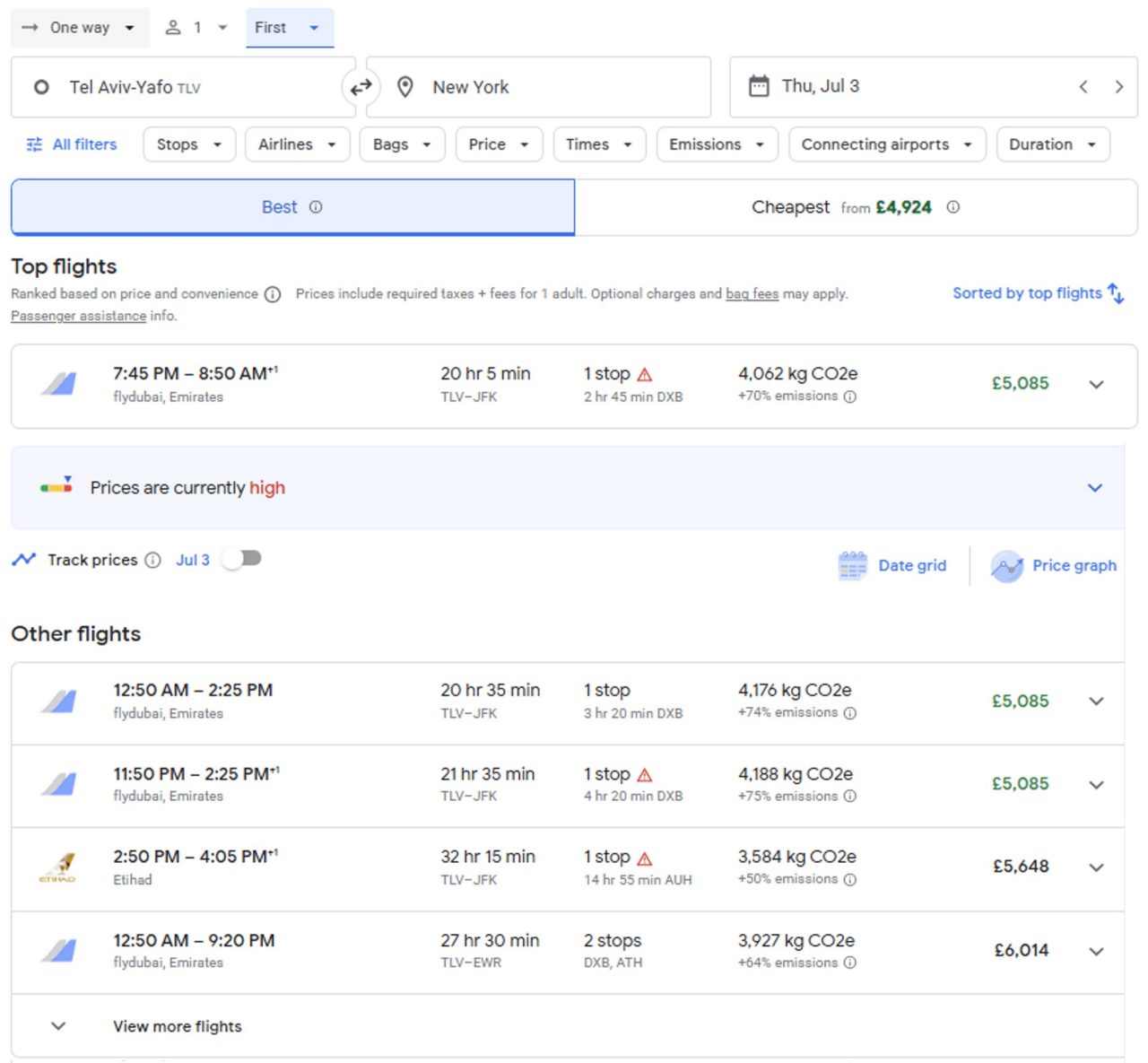 Figure 5. Google search showing comparable flight costs.