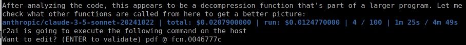 Figure 1: We asked AI (via Radare2’s r2ai plugin) to locate the main function of the malware. It instead located the main function of the packer. While it correctly identified a decompression routine—an expected component of the packer—it was unable to automatically unpack the binary or locate the actual malicious payload.