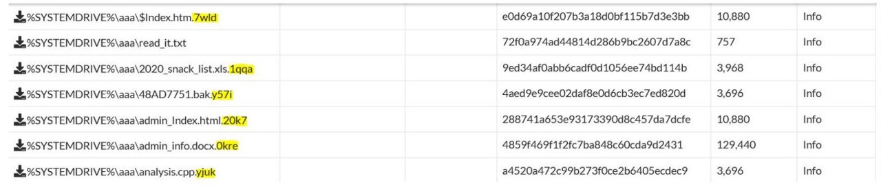 Figure 9: Sample of the encrypted files, each renamed with a random four-character extension.