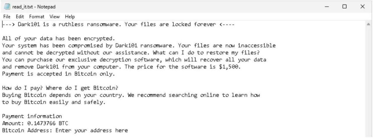 Figure 10: A Ransom note (read_it.txt) dropped by the Dark 101 ransomware, demanding payment in Bitcoin