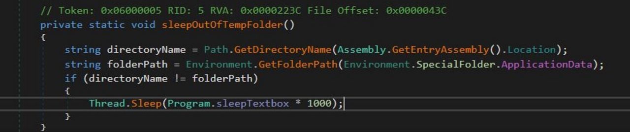 Figure 3: Implementation of the sleepOutOfTempFolder function used for evasion