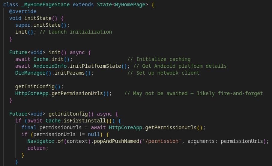 Figure 3: This is a reconstructed main function of the SpyLoan malware, based on the commented assembly generated by Blutter. The Dart code is easy to understand for an antivirus engineer.