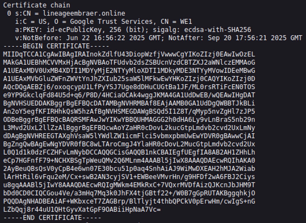 Figure 3. Start of the certificate chain for “lineageembraer[.]online”.