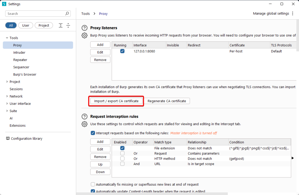 Import / export CA certificate” button.