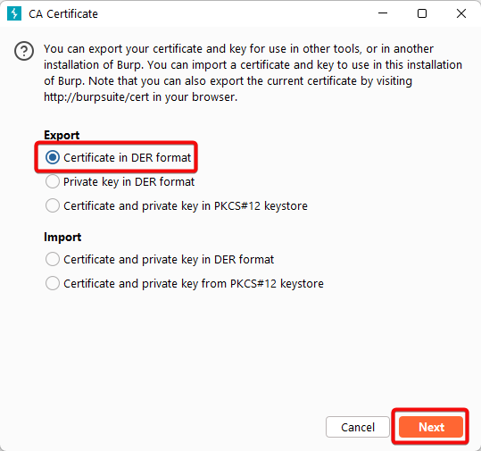 Certificate in DER format