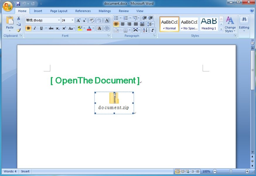 Figure 4: The Document contains only the instruction 'OpenTheDocument' and a ZIP archive.