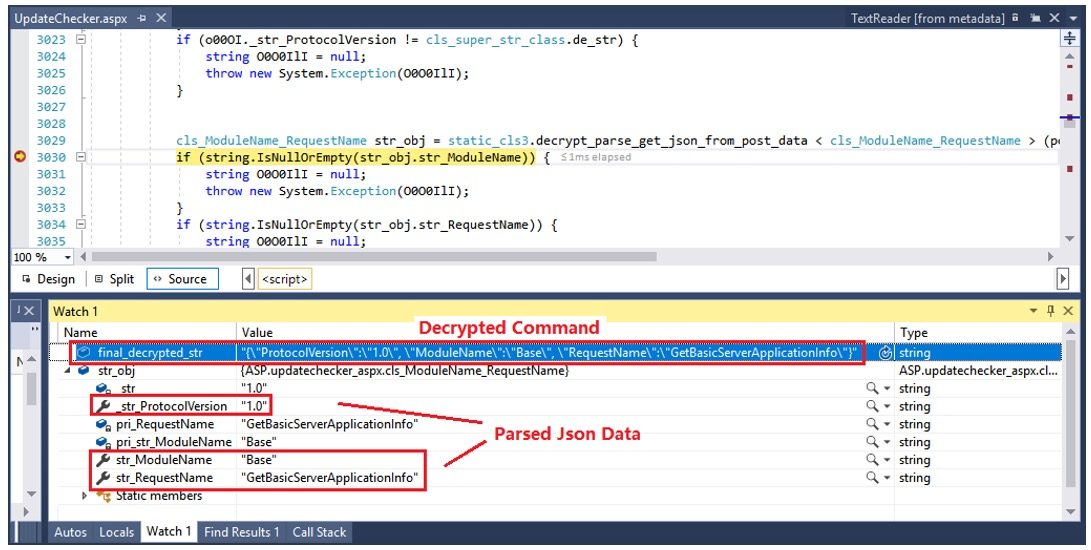 Figure 6: Debugger view of a parsed command data in the web shell.